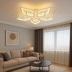 Lustra LED rotunda 19185/5 120W cu telecomanda, lumina reglabila 3000–6500K, montata in living modern cu iluminare uniforma.