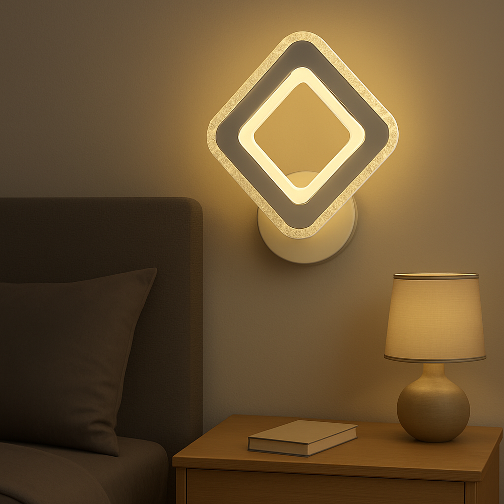 Aplica LED 19376/1W Alb+Crom 26W, montata in dormitor modern, lumina reglabila pentru ambient elegant si discret