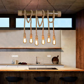 Lustra C023/6 rustic-industriala cu franghii si lemn, 6 becuri E27, ideala pentru bucatarii tematice si spatii open-space.