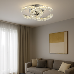 Lustra LED SJ034-2 cu cristale si telecomanda, montata in living modern, iluminare 56W reglabila pentru ambient elegant