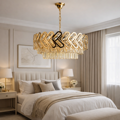 Candelabru suspendat auriu cu 10 becuri E27 si accente transparente, stil contemporan rafinat, lumina ambientala pentru dormitor