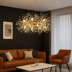 Candelabru LED auriu Ø600 mm, design floral tip ramura cu 9 surse, iluminare eleganta pentru living modern si spatios.