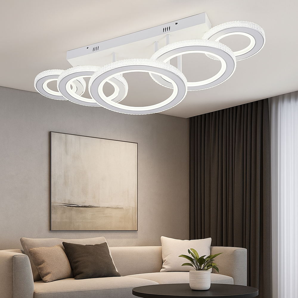 Lustra LED 26032/1+2+2 WH+CR 178W cu lumina reglabila 3000–6500K si telecomanda, ideala pentru livinguri moderne ce necesita iluminare eleganta cu accente alb-crom si cristale.