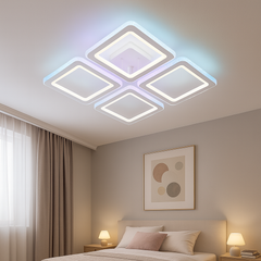 Lustra LED 26033/4C WH 59W cu lumina reglabila 3000–6500K si telecomanda, perfecta pentru dormitoare moderne ce necesita iluminare eficienta si design patrat alb.