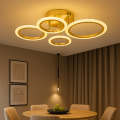 Lustra LED 26056/2+2FGD 72W cu telecomanda si lumina reglabila 3000–6500K, perfecta pentru dining modern ce necesita iluminare eficienta si un finisaj auriu rafinat.