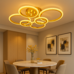Lustra LED 26056/2+2+2FGD 132W cu lumina reglabila si telecomanda, ideala pentru zone de dining moderne ce necesita iluminare puternica si finisaj auriu contemporan.