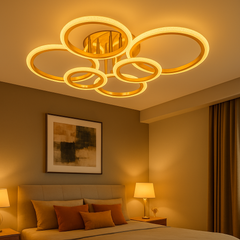 Lustra LED 26056/2+2+2FGD 132W cu telecomanda si lumina 3000–6500K, perfecta pentru dormitoare moderne ce necesita iluminare reglabila si accente aurii elegante.