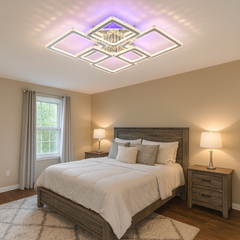 Lustra LED geometrica 288W x2 cu lumina reglabila 3500K-6500K si telecomanda, potrivita pentru dormitoare moderne ce necesita iluminare intensa si confortabila