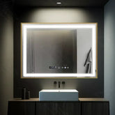 Oglinda LED 120x80 cm cu dezaburire, ceas digital, temperatura si senzor tactil, ideala pentru bai moderne.