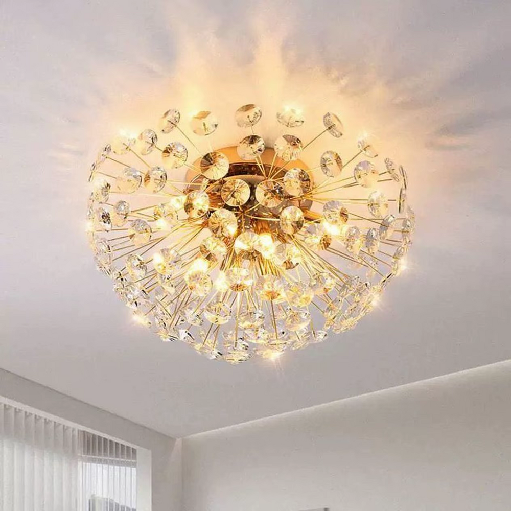 Lustra rotunda aurie Ø400 mm cu 4 becuri G9, lumina calda ambientala pentru dormitor modern compact.