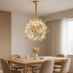 Candelabru rotund auriu cu cristale deasupra mesei din dining, 18 surse G4, decor premium, lumina intensa, Ø500 mm