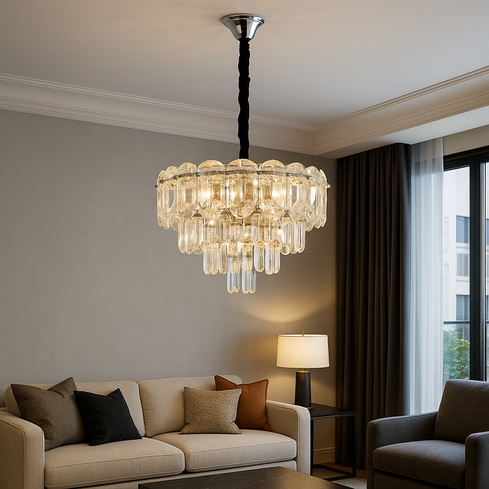 Candelabru rotund auriu cu 5 becuri E27, montat in living modern, lumina decorativa eleganta pentru ambient rafinat.
