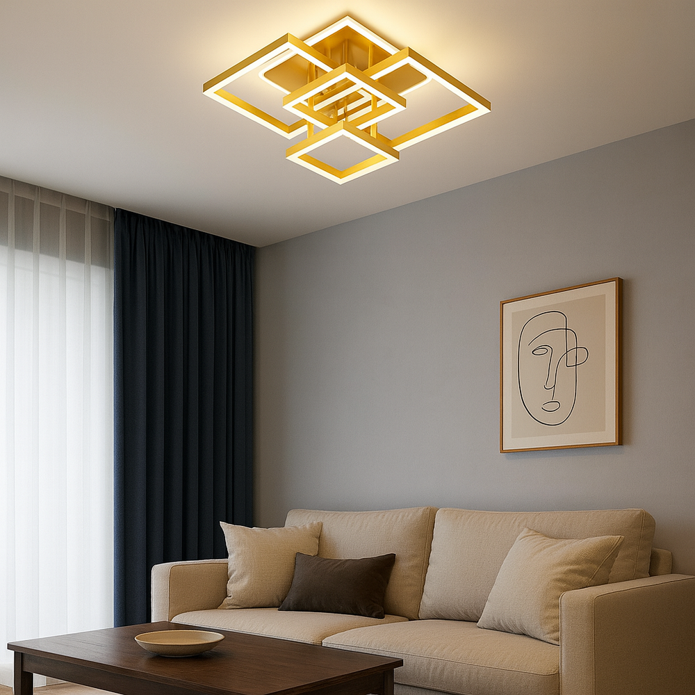 Lustra LED dreptunghiulara 198W auriu cu telecomanda, design geometric modern in living contemporan.