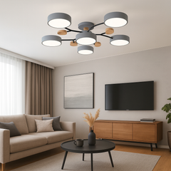 Lustra LED rotunda negru mat cu lemn 160W pentru living modern, lumina reglabila 3000K-6500K cu telecomanda
