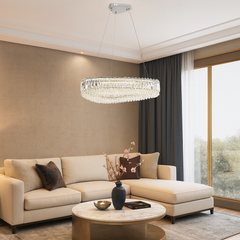 Candelabru LED dreptunghiular crom 650×400 mm, montat in living modern, iluminare LED puternica 96W, design contemporan elegant