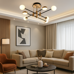 Lustra LED simetrica cu brate multiple aurii si globuri opal, montata in living modern, cu iluminare reglabila prin telecomanda.