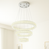 Lustra LED cristal trei cercuri crom Crystal Cascade 120W cu telecomanda, punct focal pentru living cu tavan inalt