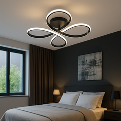 Lustra LED patrata 77248/1A1 MB cu design modern MB, lumină reglabila si telecomanda, instalata intr-un dormitor contemporan confortabil.