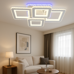 Lustra LED moderna 170W WH+CR cu 4 patrate suprapuse si lumina reglabila 3000K-6500K cu telecomanda, montata in living modern pentru iluminare eleganta