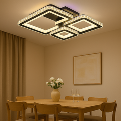 Lustra LED patrata 96W BK+CR cu lumina ajustabila 3000K-6500K si telecomanda, montata in dining modern pentru iluminare clara si eleganta