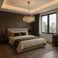 Candelabru rotund crom Ø600 in dormitor mare, lumina uniforma cu 12 surse E27 si atmosfera rafinata.