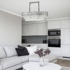 Candelabru cristale dreptunghiular argintiu 800x300 mm in living modern, 8 E27, iluminare eleganta decorativa