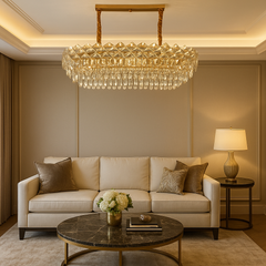 Candelabru cristale dreptunghiular auriu 800x300 mm in living modern, 8 E27, iluminare decorativa eleganta