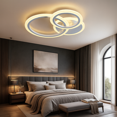 Lustra LED 8888/3 98W cu 3 cercuri, potrivit a pentru dormitoare moderne cu lumin a reglabila si control prin telecomanda