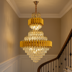 Candelabru cristal rotunda auriu Ø600 H930 pe casa scarii, 15 E27, impact vizual spectaculos de lux