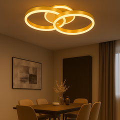 Lustra LED moderna aurie, 2 cercuri, 96W, montata in dining modern, lumina reglabila cu telecomanda