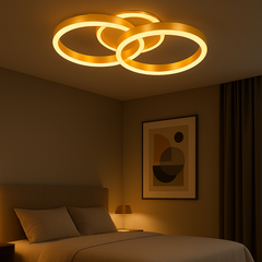 Lustra LED aurie cu 2 cercuri, 96W, iluminand un dormitor modern cu lumina ajustabila 3000K–6500K