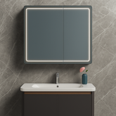 Set baie cu oglinda LED 80x60, dulap cu depozitare si lavoar suspendat, design modern pentru baie compacta.