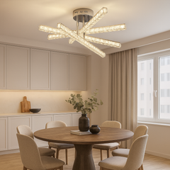 Lustra LED JB001-5 cu brate incrucisate cristalizate, lumina reglabila 3500–6500K si telecomanda, amplasata in dining modern.