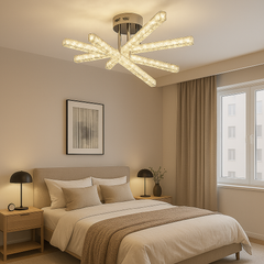 Lustra LED JB001-5 cu design arhitectural si 5 brate incrucisate, lumina ajustabila si telecomanda, montata intr-un dormitor modern.