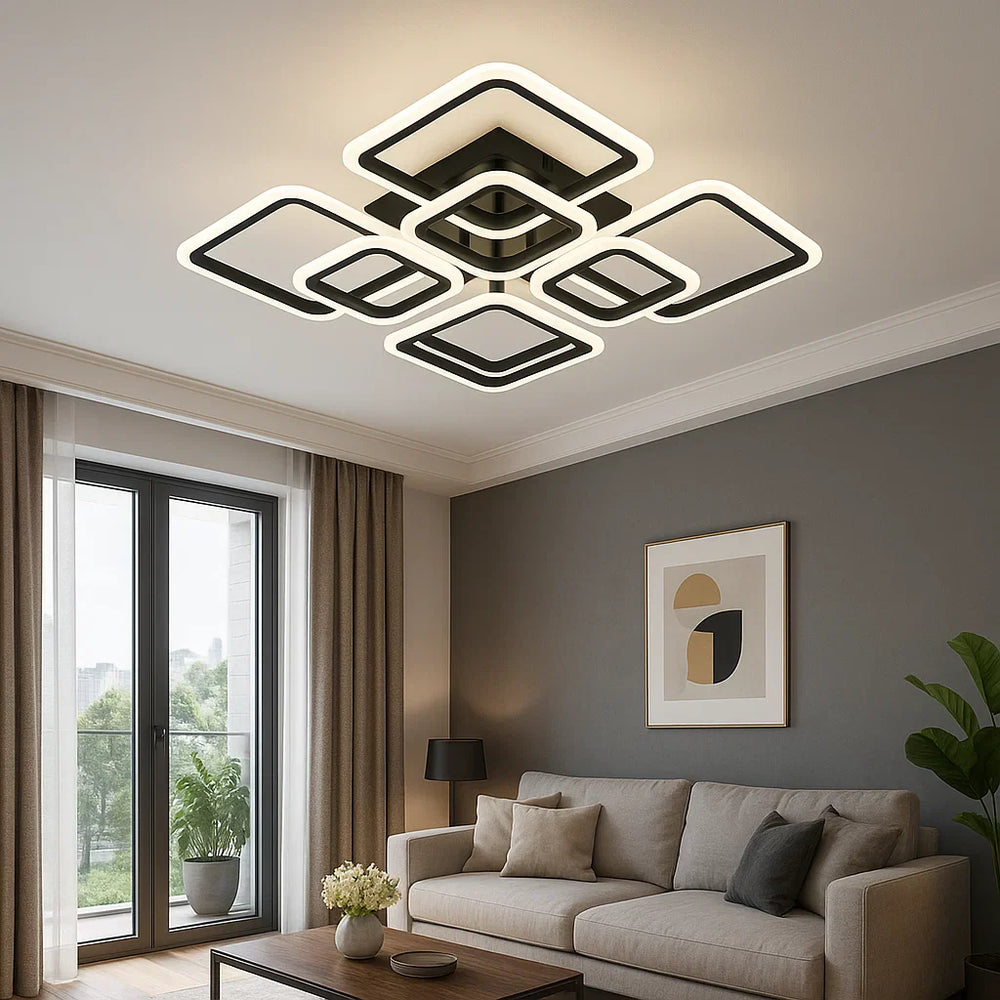 Lustra LED 8036/4+4 negru 144W cu 8 patrate si lumina reglabila, ideala pentru living modern cu iluminare uniforma