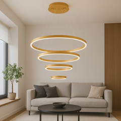 Lustra LED patru cercuri auriu 220W cu telecomanda, punct focal spectaculos pentru living