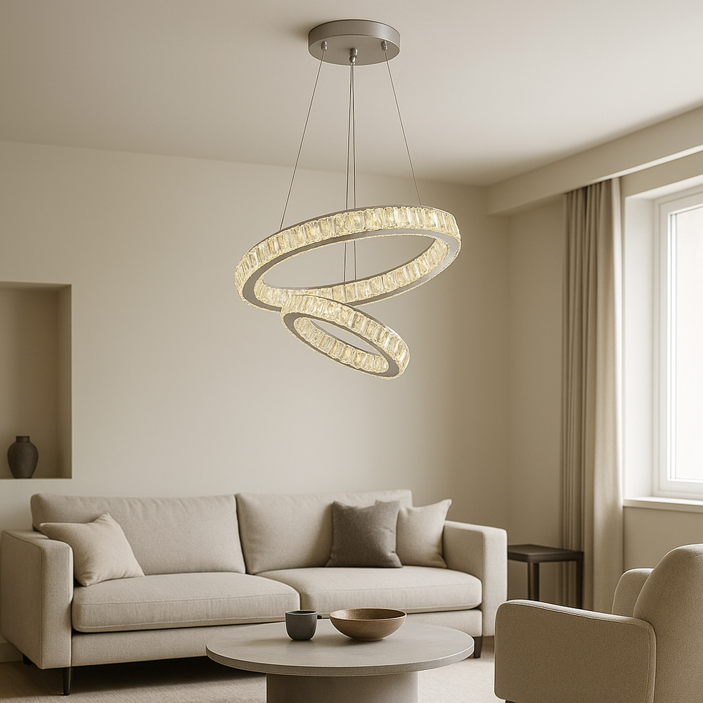 Lustra LED cristal 2 cercuri concentric Crystal Duo 100W cu telecomanda, punct focal pentru living cu tavan inalt