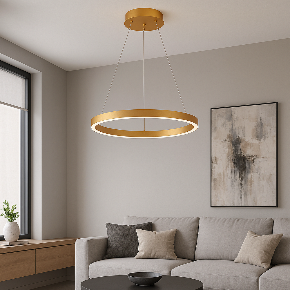 Lustra LED cerc rotund auriu mat 44W cu telecomanda, iluminare eleganta pentru living