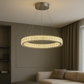 Lustra LED rotunda argintiu Orbit 56W cu telecomanda, design modern pentru living cu tavan inalt
