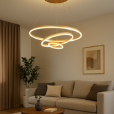 Lustra LED trei cercuri auriu 140W cu telecomanda, punct focal spectaculos pentru living