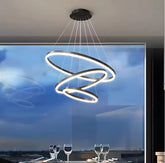 Lustra LED trei cercuri negru mat 140W cu telecomanda, punct focal dramatic pentru living