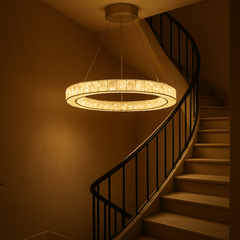 Lustra LED rotunda argintiu Orbit 56W cu telecomanda, iluminare eleganta pentru scara interioara cu tavan inalt