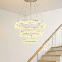 Lustra LED cristal trei cercuri crom Crystal Cascade 120W cu telecomanda, efect vizual impunator pentru scara interioara