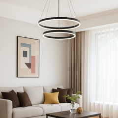 Lustra LED 2 cercuri negru mat 140W cu telecomanda, punct focal industrial pentru living