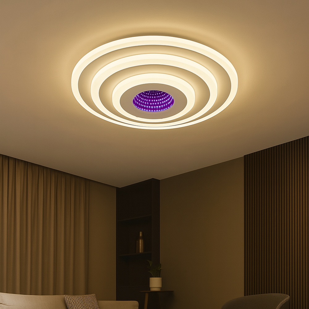 Plafoniera LED rotunda 6039/300D WH alba cu centru violet si telecomanda, 71W, lumina 3000–6500K ideala pentru living modern.