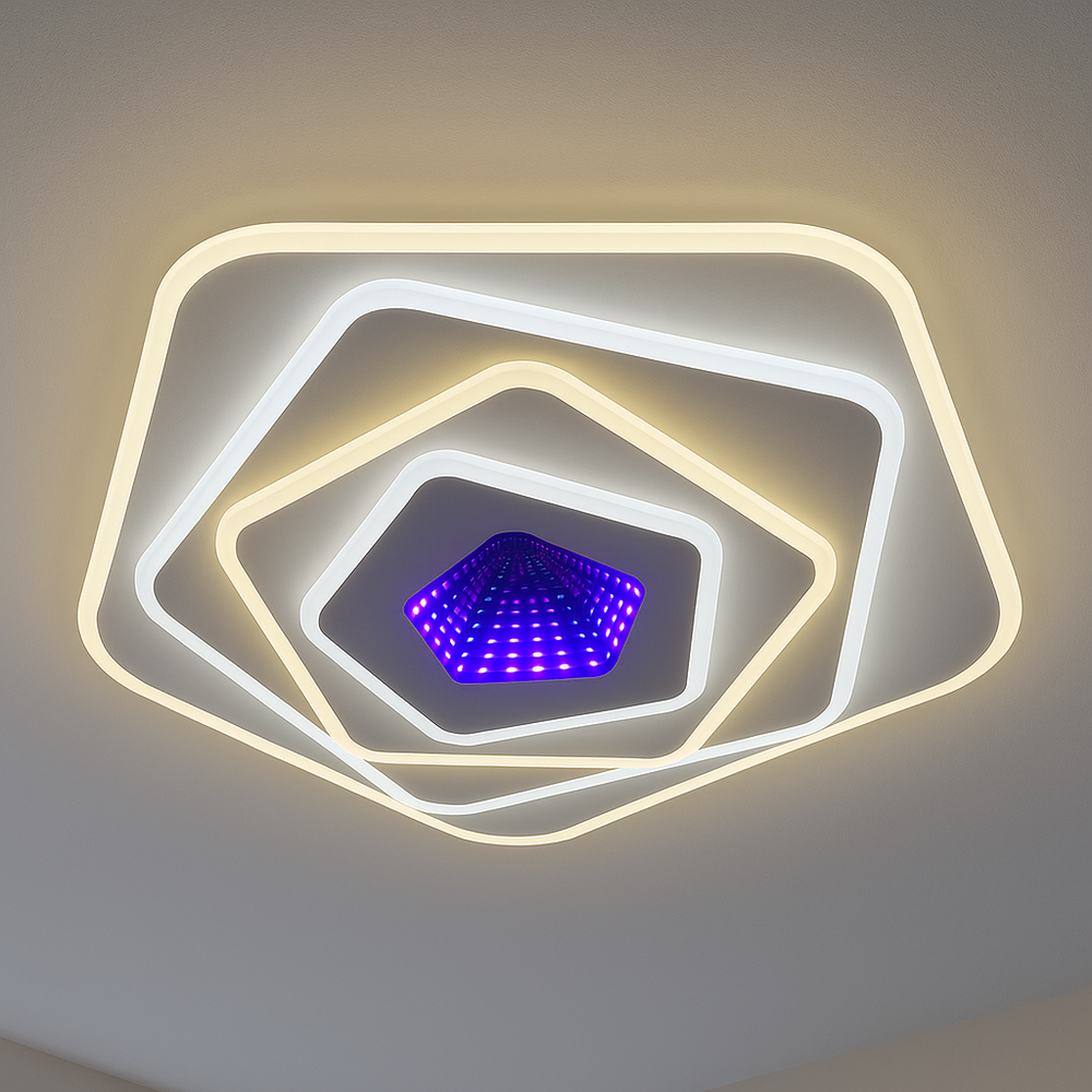 Plafoniera LED rotunda alba 94W cu telecomanda ofera lumina clara si uniforma, ideala pentru zone de dining moderne si minimaliste.