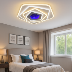 Plafoniera LED rotunda alba 94W cu telecomanda si lumina reglabila creeaza un ambient confortabil si modern in dormitoarele contemporane.