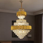 Candelabru cristal rotunda auriu Ø600 H930 in living inalt, 15 E27, iluminare intensa pentru decor glam lux