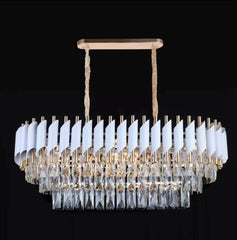 Candelabru rectangular alb mat si auriu cu cristale 9001 pentru dining modern, iluminare uniforma cu 8 becuri E27 si stil elegant.