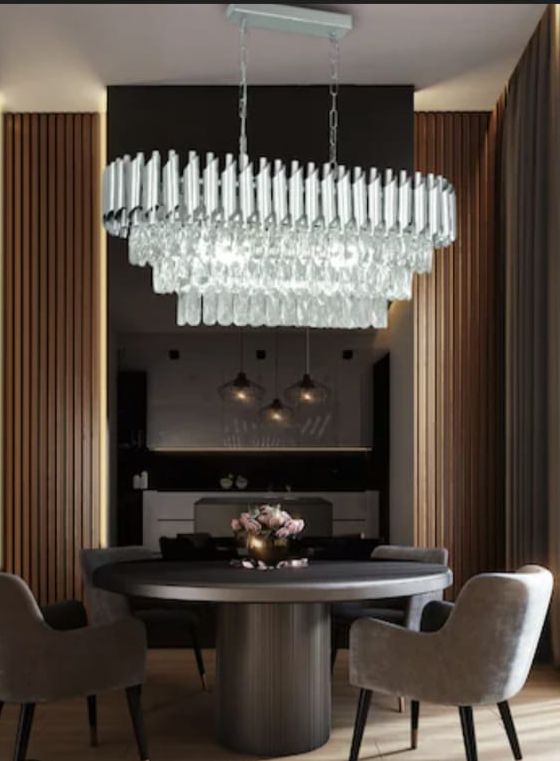 Candelabru rectangular argintiu cu cristale 9001 SY pentru dining modern, iluminare ampla cu 8 becuri E27 si stil elegant rafinat.